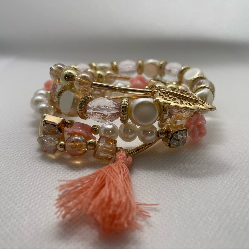 Tassel and Leaf Charm Stack Bracelet